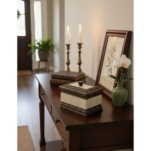 India Ink Ornate Resin Box Ivory Bronze Lift-Off Lid Decorative Storage VTG-Look